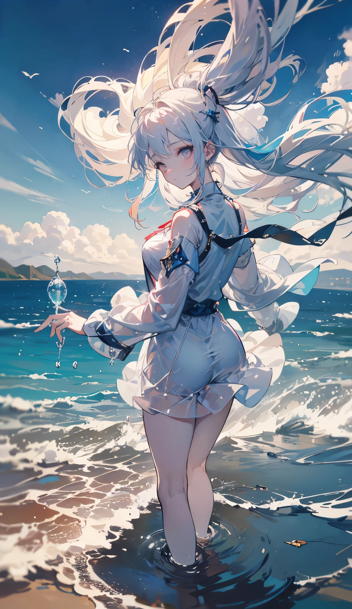 1girll，Straw Hat Hat，white swimwear，比基尼，Bare belly，Long messy hair，short transparent dress，see-through sleeves，A lot of smoke，Exquisite，Elegant colors，high detal，tmasterpiece，ultra - detailed，dynamic angle，Mural background，water ink，astounding，cinmatic lighting，illustratio，lightand shade contrast，The light from the back window is backlighted，God Ray，Best quality at best，Best quality at best