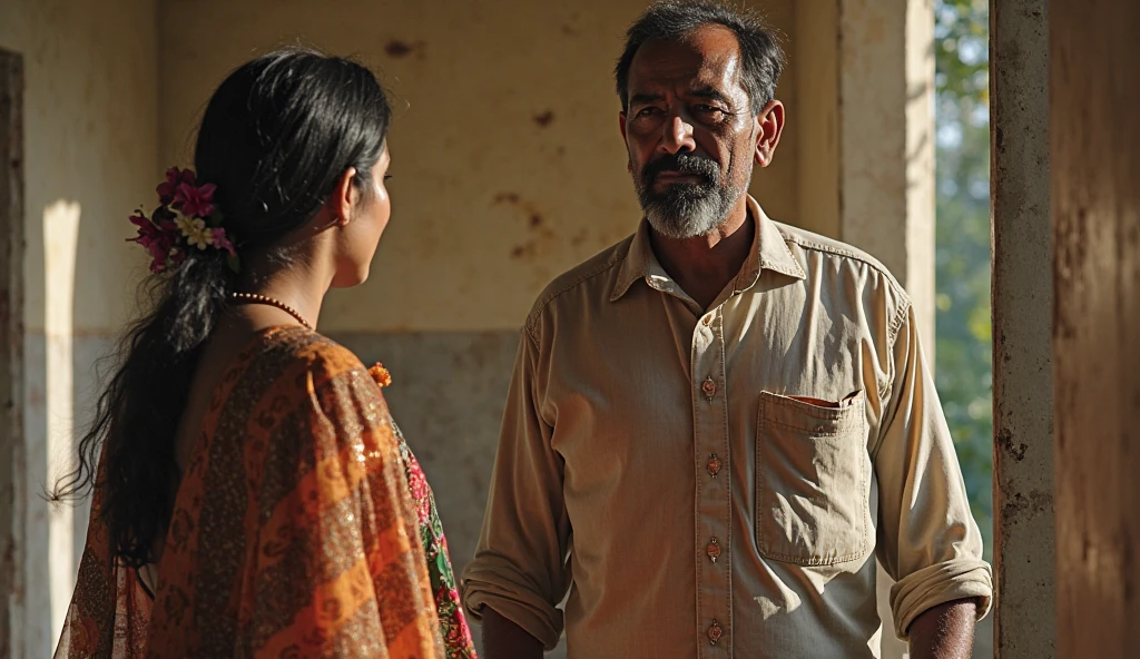 Sketch a scene of a indian professor who has recently undergone dental surgery. The professor is a middle-aged man with graying hair, wearing a shirt and pants, which are now stained with blood. He holds a blood-soaked cloth in one hand, pressing it against his mouth and nose to stem the continuous flow of blood. The setting is a modest home, with furniture and personal belongings visible in the background. Standing next to the professor is his daughter-in-law, who appears very scared. Both their faces show expressions of fear and concern. The daughter-in-law is slightly behind him, with one hand on his shoulder as if trying to provide support. The overall mood of the sketch is tense and alarming."
