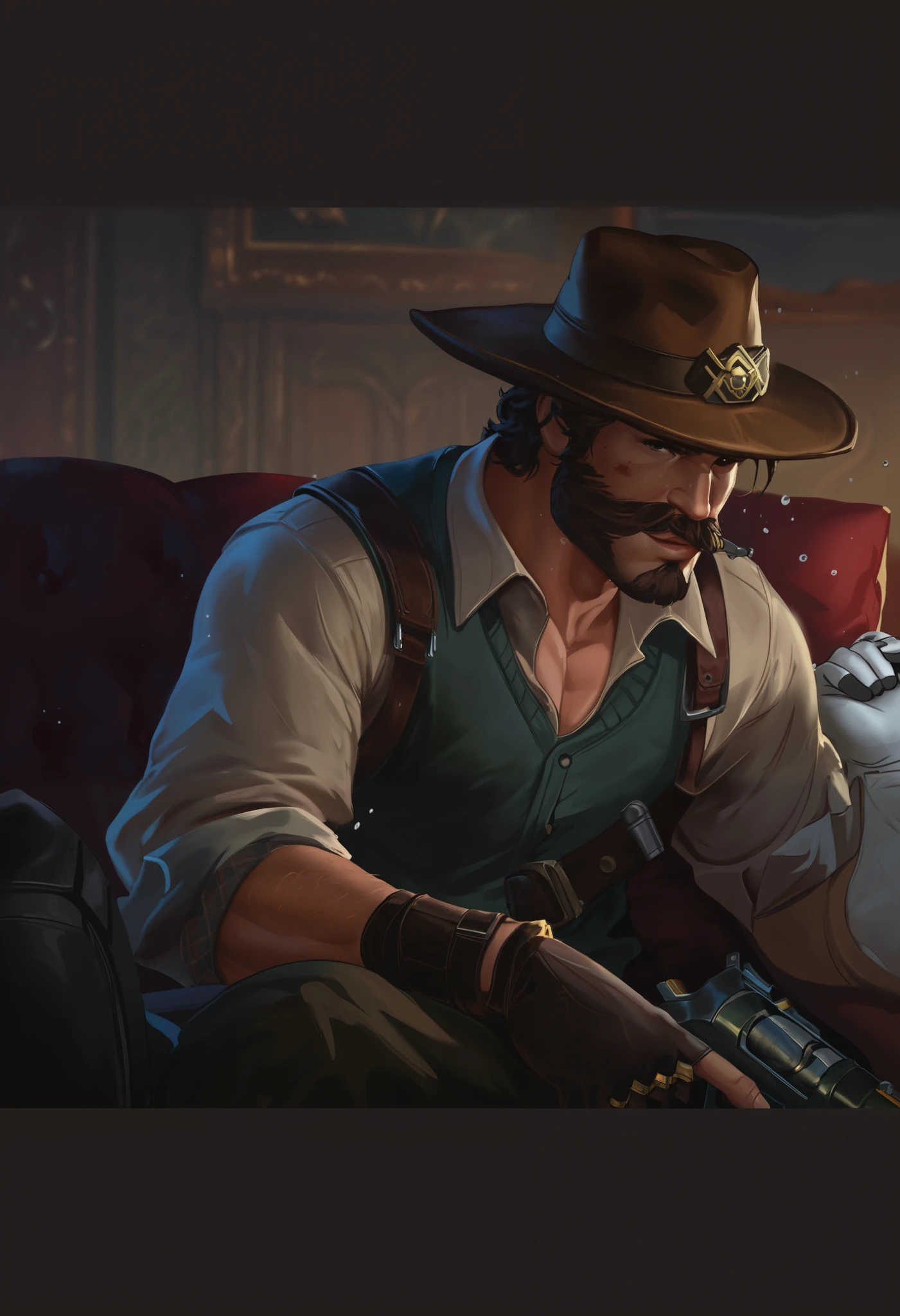 on ArtStation {x} close-up of a man in a hat holding a gun, Jesse McCree, mccree From Overwatch, From Overwatch, saint ( Valorant ), Arthur Morgan , Peeping on ArtStationq, , Quintuplets ,  Panoramic Art with Iconic Characters , red dead redemption art style, Peeping on ArtStation, [ red dead ], Overwatch Characters, Valorant character
