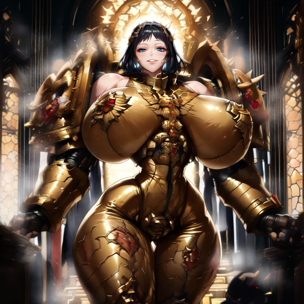 A white woman with short hair and a sexy figure in a Bonnie outfit has a very large face.