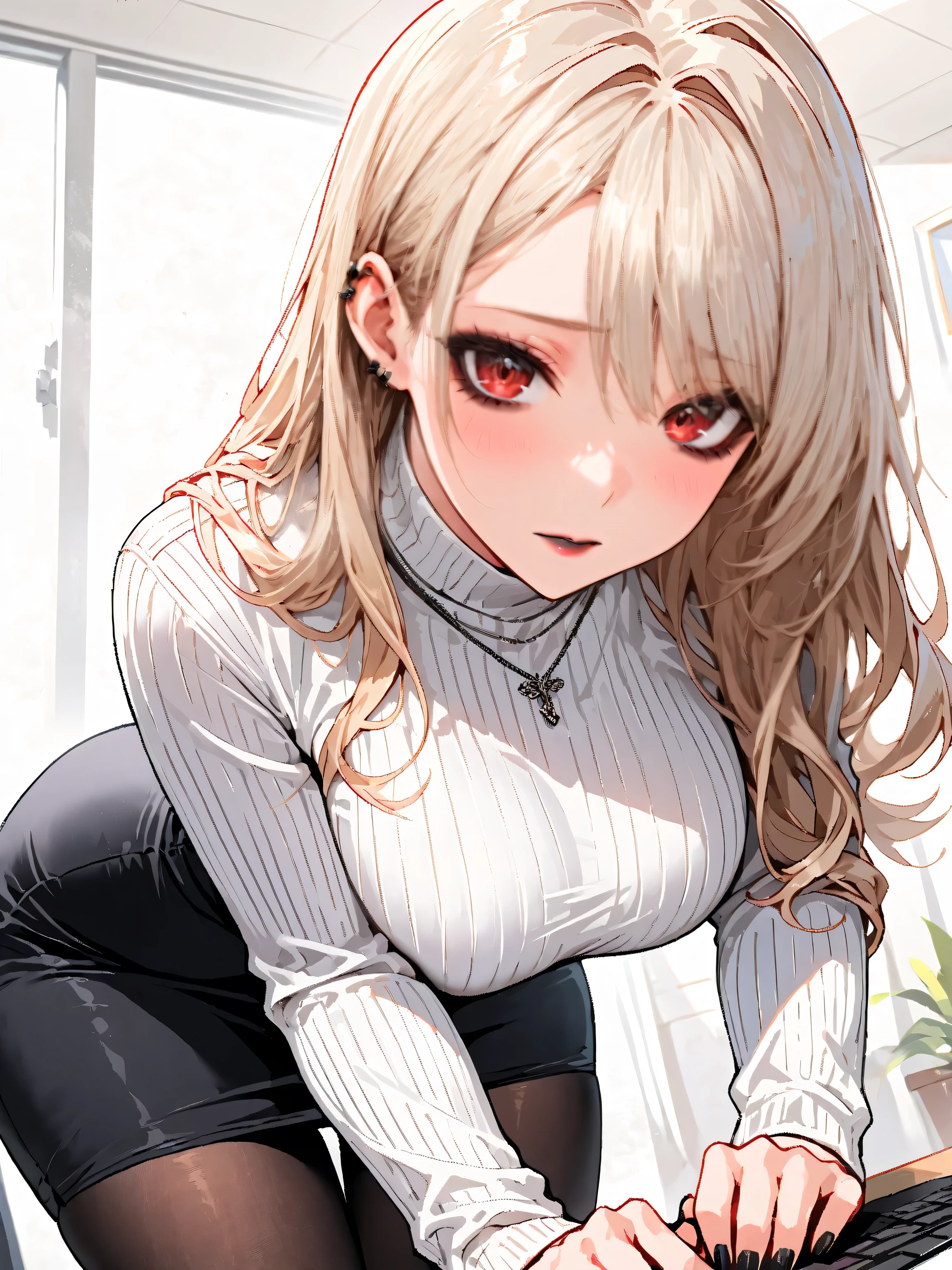 masterpiece,best quality,high resolution,8k,ultra HD,wallpaper,illustration,perfect face,cowboy shot,beautiful detailed eyes,extremely detailed face,perfect lighting,extremely detailed CG,perfect hands,perfect anatomy,perfect body,perfect hands,perfect fingers,1woman,full body,,(muscle fighter:1.1),pink blonde long hair ,red eyes,large breasts,Medium ass,medium nipples,black jaket suit inner white T-shirt,pencil skirt,clothed,,collarbone,,looking at viewer,sexy look pose,Steam,sweat,home,(NIKKE character Rapi)