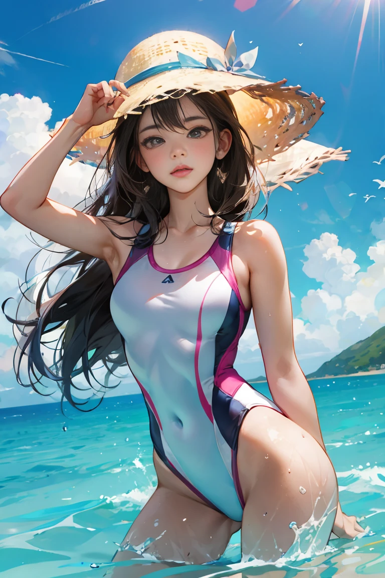 Girl, Brown Hair, White one piece swimsuit, Less exposed skin, Conservative design, Put on sportswear, Blue sky, cumulonimbus