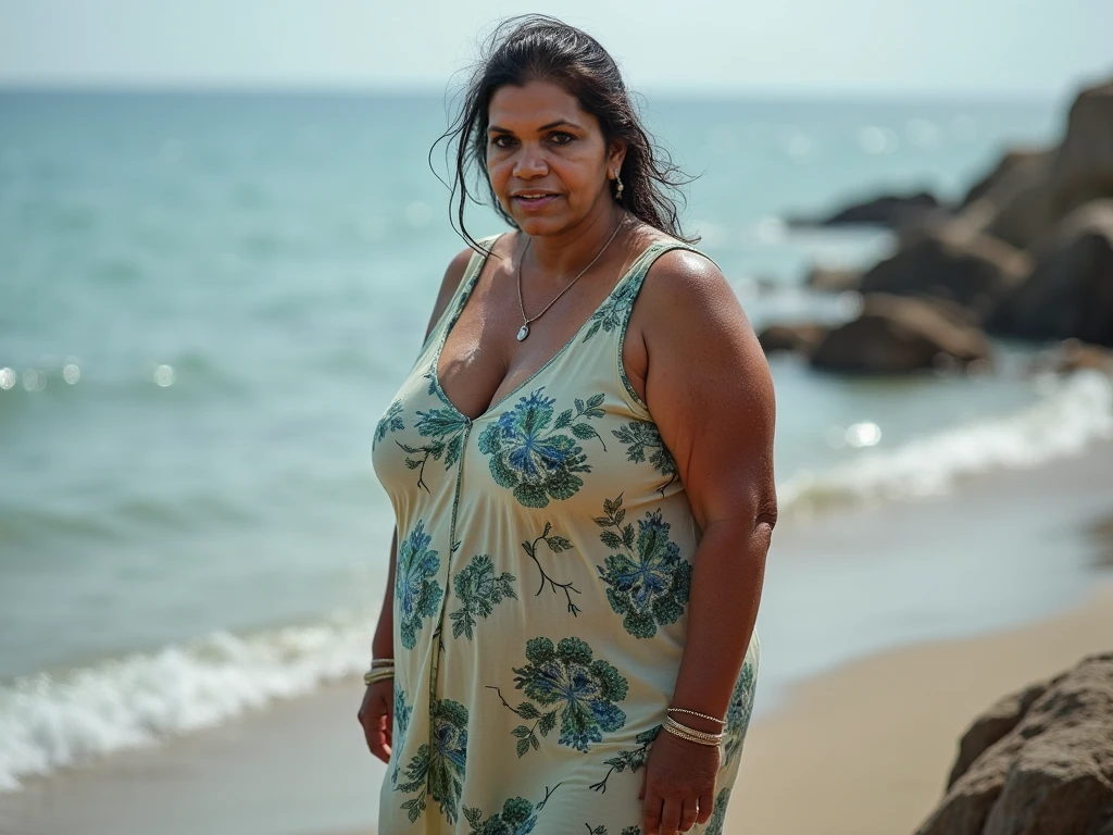pic of sexy a woman in a dress standing on a beach , chubby cheeks, seductive face ,Cute smile, cute young face, (cinematic:1.3), intricate details, (ArtStation:1.2), 50 years old women, ,