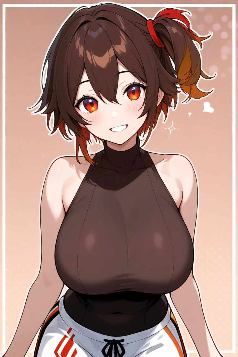 Brown hair, short hair, big breasts, cat ears, Devil's Eyes, grin, naughty face, sticking out tongue, saliva,