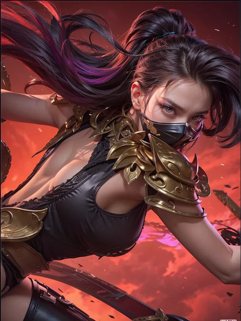 ((Best Quality, 4K, Masterpiece: 1.3)), a close up of a woman with a shuriken in a dark background, katarina, astri lohne, leblanc, fuchsia skin below the armor, fuchsia skin beneath the armor, irelia, inspired by Li Shida, Ninja woman, Ninja Sexy, long hair, ponytails hair, a woman with masker, Ninja Uniform, 4K, HD, Ultra Realistic, extremely detailed