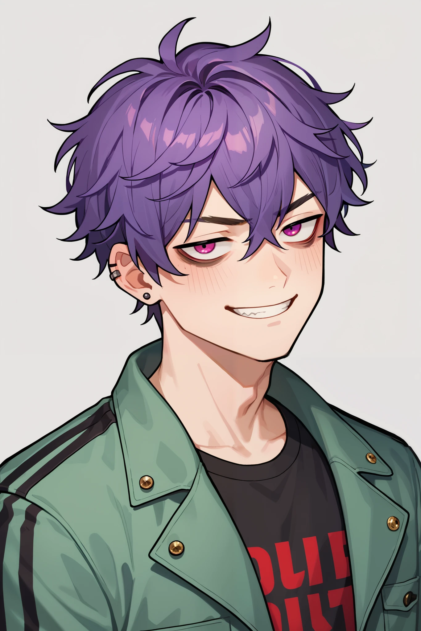 A thin young man with untidy hair, purple hair and something short but not so much, enough to have messy. With various accessories such as piercings in the ears or lips, a green jacket with a white t-shirt and black pants. A slightly cocky smile but with completely tired eyes with noticeable dark circles under the eyes.