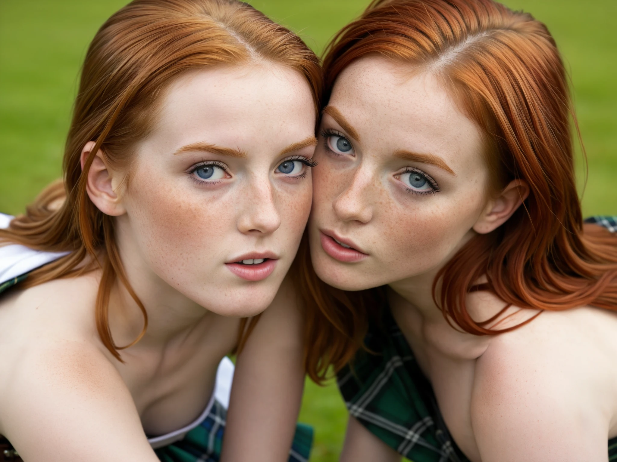 Photo realistic), 2 Sexy scottish girls, she has freckles, shes wearing a kilt, she is beautiful with a skinny athletic body, she has ginger hair and blue eyes, she is sexual and flirty, she wants to have sex, perfect round ass, detailed faces, pretty eyes, lifelike skin texture, anatomically correct faces, pussy, perky breasts, background is the Scottish highlands, outdoors in scotland, kilt, girls kilt, 24 years old, lesbian , accurate detailed eyes, sexually touching eachother, fingering, fingers in pussy, lesbian, porn, sex