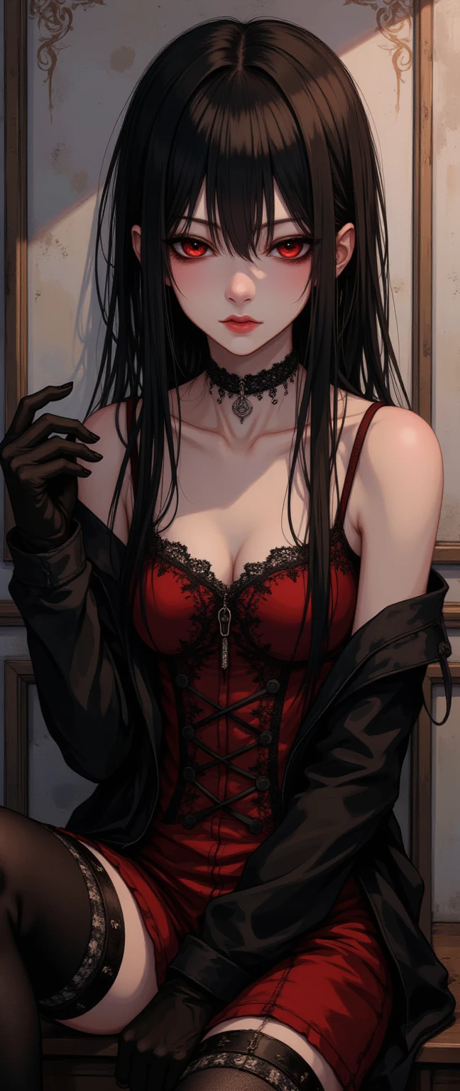 exposing her skin and taking off her clothes, taking off her bra and bantay, naked in the light and sighing, A cunning Vampiress countess, her skin as pale as moonlight, brandishing a jeweled dagger in a regal court, 8k, baroque anime style, high resolution, gentle hands, hypnotizing red eyes, detailed eyes and hands, countess gown, black and silver dress, dagger held aloft, seductive smirk, alluring expression, 2D illustration, long raven black hair, hair like the night, detailed hair, ruby red eyes, eyes like fine wine, detailed eyes, eyes enticing, the flicker of candlelight, poised on a grand staircase, the splendor of the court in the background.