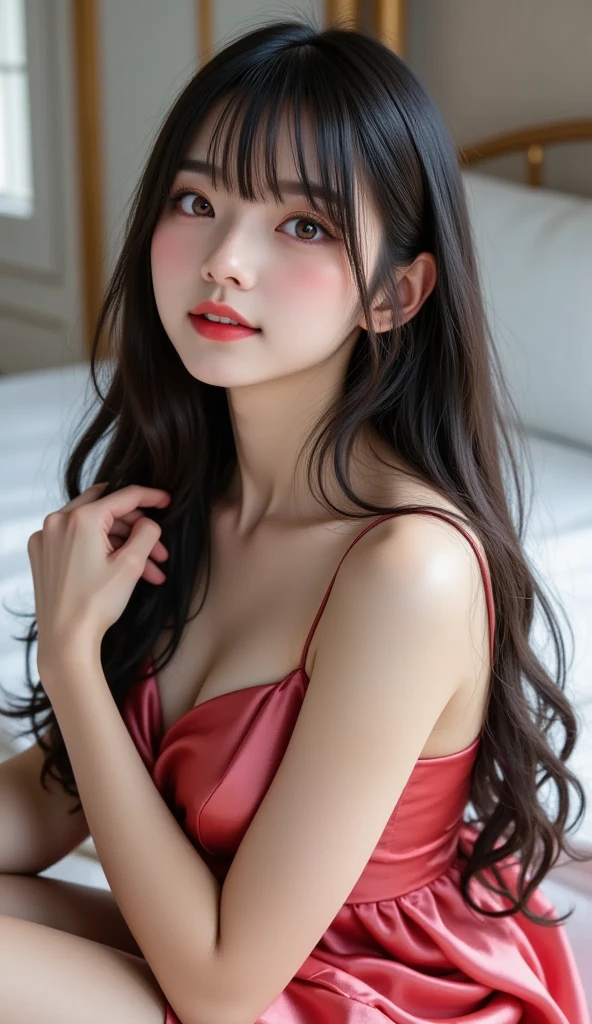 Shining, clear, white skin、Her windblown black hair hides her beautiful face.、huge、Sexy beautiful face of 28 years old、Beautiful straight hair that stands out、growing up, glowing light brown eyes、Sexy long silky bangs covering the eyes, Sexy young woman with super long hair hiding her sexy face、Shiny black hair、(((Sexy Woman)))、The cleavage is visible,Red sexy dress