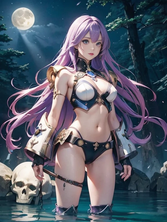 Slender woman with long light purple hair chest is small White bikini armor with separate top and bottom whole body expression The background is dark and fantastic Woman warrior