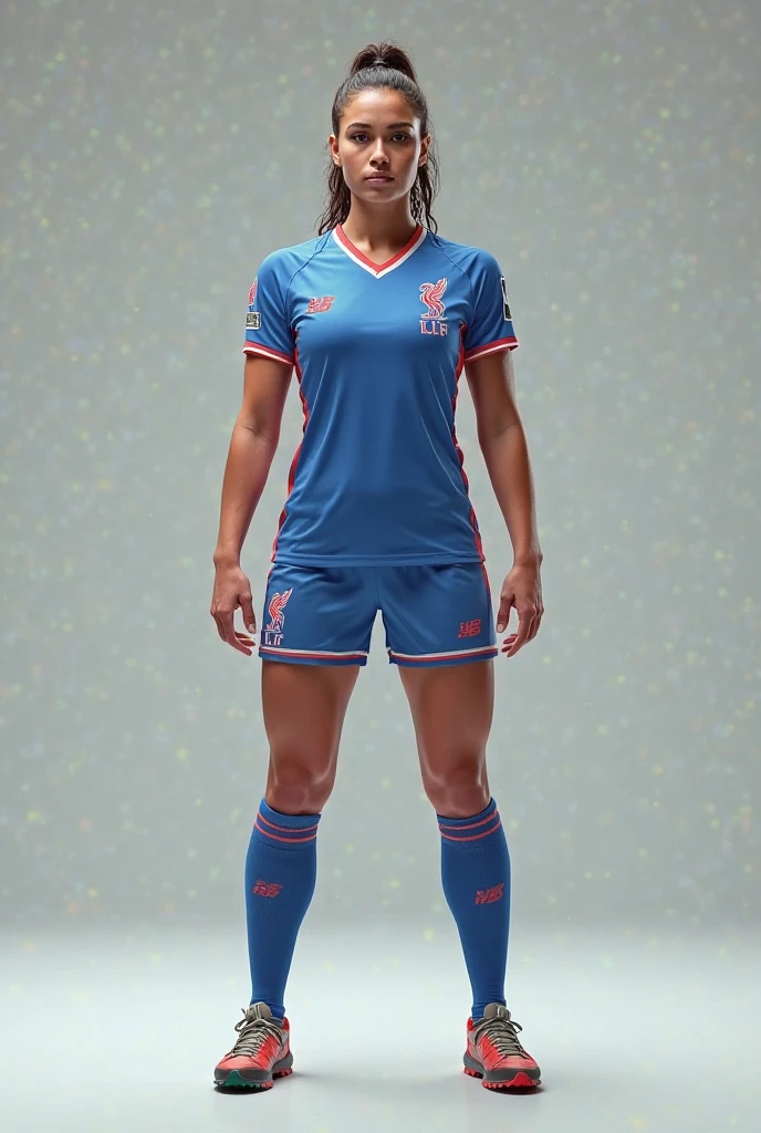 Hello, design me a uniform for a women's soccer team that has a mint blue background on the shirt and shorts., and colors in pink gradient, green mind and purple and purple tights, woman full body looking forward