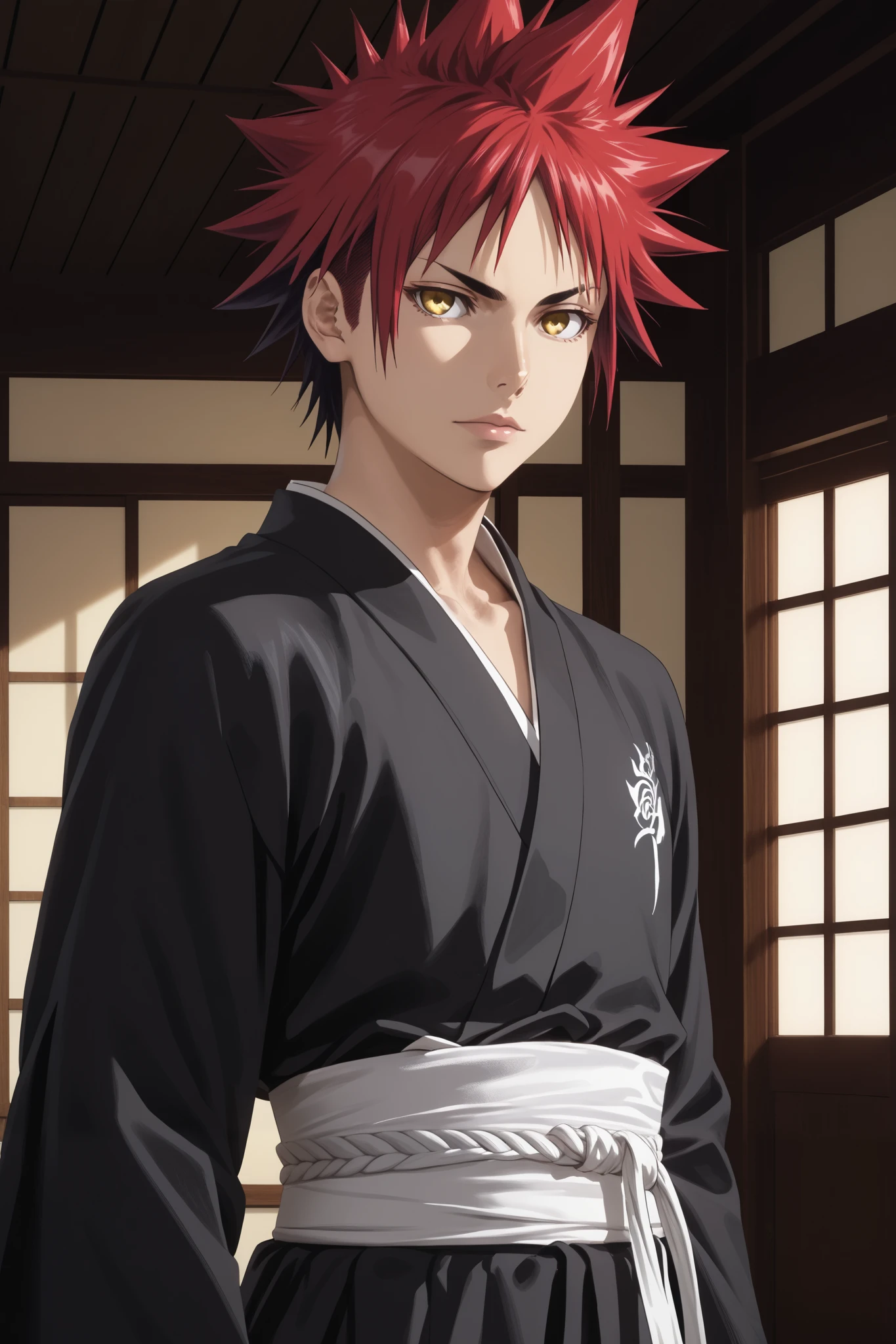 masterpiece, beautiful, ultra-detailed, detailed face, 4k, hd, perfect lighting, best quality, score_9, score_8_up, score_7_up, 2d art, perfect hands, perfect eyes
((cowboy shot))
souma_yukihira, red hair, yellow eyes, spiked hair, bleach, solo, japanese clothes, black kimono
1man, serious, 30yo, adult, ou, magic
kuchiki house, seireitei, feudal
realism, detailed, skin texture style