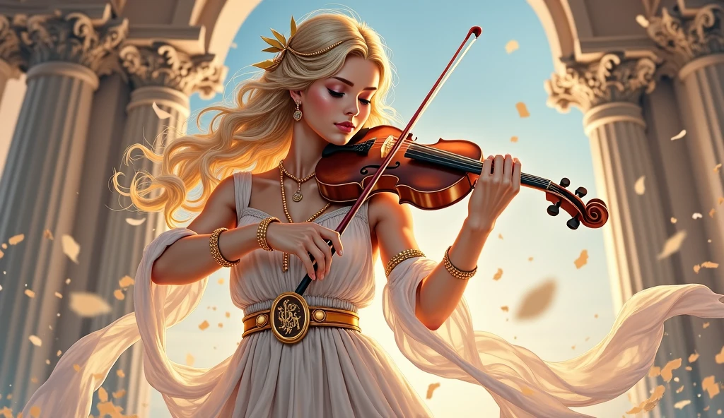 Draw a blonde woman with curly hair, extremely detailed white Greek clothes, large breasts, playing the harp, in a setting of ancient ruins, apparent musical symbols --auto