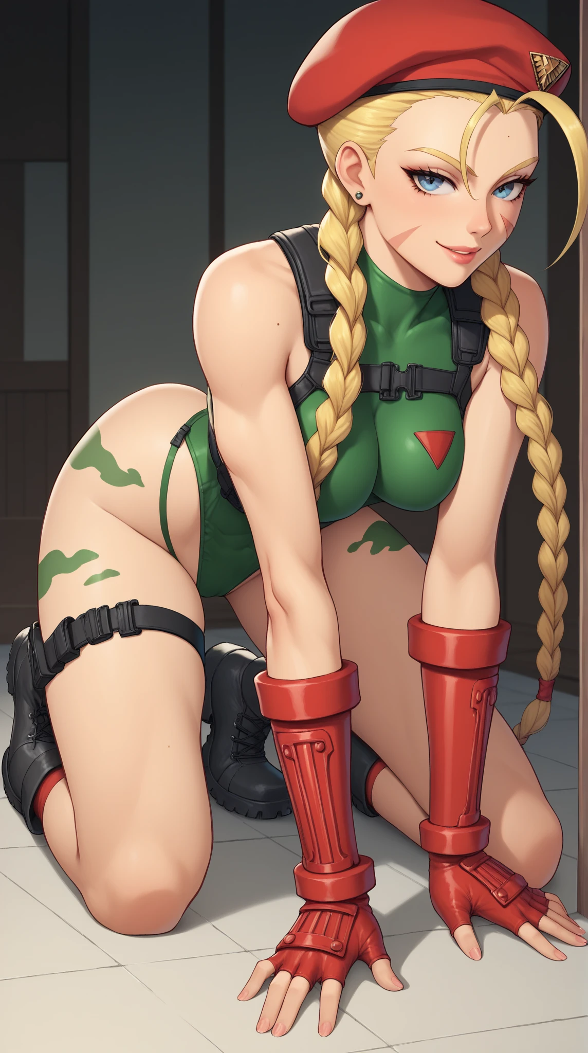 (Beautiful mercenary girl: 1.5), beautiful girl, pretty face, Sexy girl, young, 20 years old, blonde hair, blue eyes, beautiful smile, long hair, straight hair, big breasts, Very thin waist, wide hips, gap between the thighs, (she is wearing a green leotard), (thong), (butt: 1.2), military cap, combat belt, belt with several grenades, tactical gloves, back view, from behind, looking from behind, (cowboy shot), best quality, masterpiece, ultra-realistic, Ultra-detailed, 8K