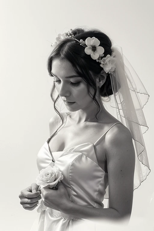 black and white, a woman with  green eyes, flawless skin, half body shot, holding a rose, whimsical photography style, captured with an Arriflex 35BL camera using Canon K25 prime lenses, cinematic, dramatic lighting, ultra clear, breathtaking surreal masterpiece.