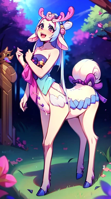 Io,blue eyes,braid, wolf ears, wolf tail,very long light purple hair,lips,facial mark,twin braids,nail polish, fang, on all fours, blushing, butt view,
IoDre,blue dress ,detached sleeves, bare shoulders, clothing cutout , blue boots, pink panties 
night time, moonlight,  grass, lake, 
(insanely detailed, beautiful detailed face, masterpiece, best quality)  <lora:Io:0.8>