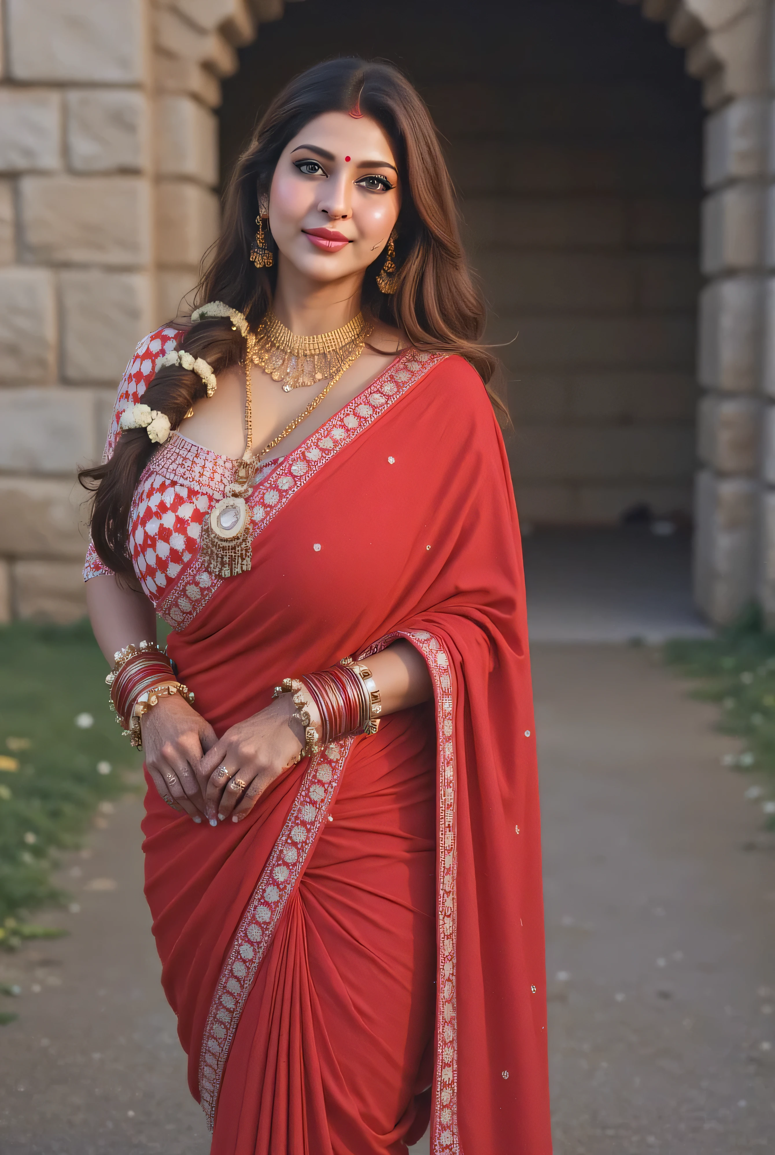 A beautiful 19 year old Indian girl, Black hair, fair complexion,( oily skin,)Big breast , body is well shaped She is wearing a saree and blouse and she is standing on the floor