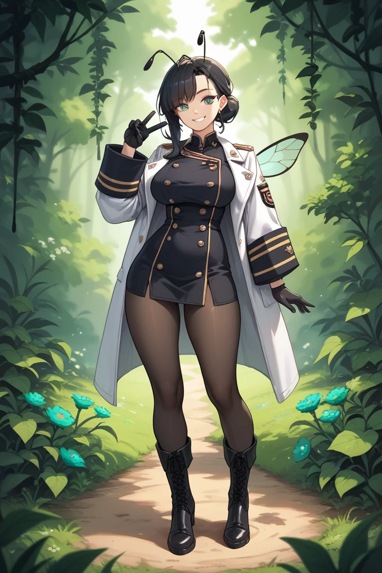 1girl, ((adult)). long glossy hair, dark brown hair, ponytail, white short skirt, milky skin, white leggings with black vines, unbuttoned tailcoat, ((black-vine design on tailcoat/suit)), mint hair-tie, shorts beneath skirt, wet white shirt, (mint green cloak), confident pose, flirty pose, huge grin, cleavage, flat chest, beautiful forest background, perky, super upbeat, very short skirt, flashing mint panties, skirt raised --auto --s2