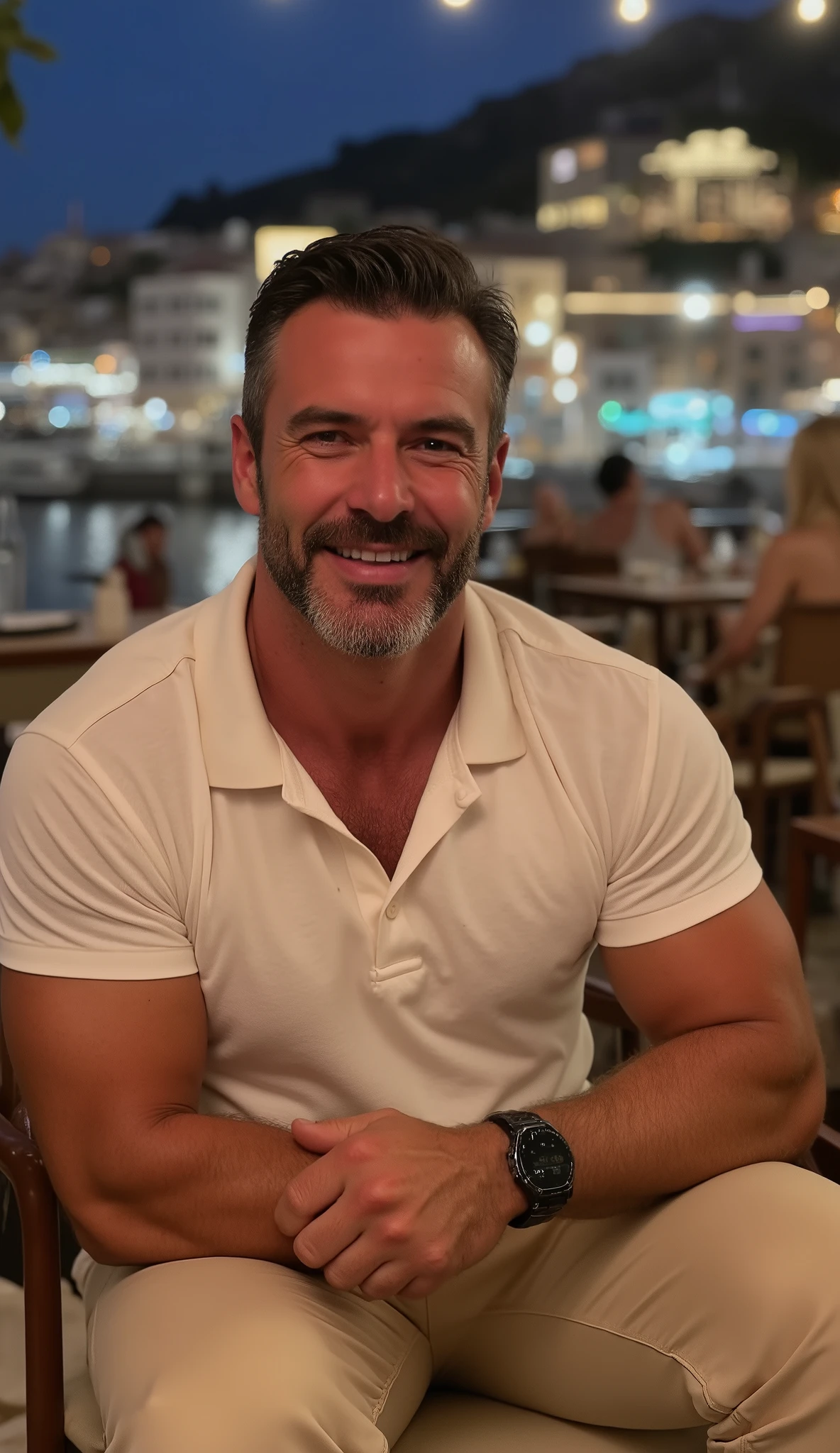 (masterpiece, high quality, high resolution, realistic photo, photographie), belle homme, âge de 45ans visage complet , avec des yeux clairs , with beautiful hair cut year 50, Beautiful athletic body, Jean Dujardin visage magnifique et détaillé , cute smile , Beautiful , ,Mediterranean arms, Beautiful legs , great detail of body and face in a sensuel and erotic pose. Great detail of the background and the city illuminated during the day, il est au restaurant le plus chic de Monaco,,sourire, Polo and shirt beige pleated pants,Trim hair and beard, with his iPhone and €100 in cash on the table,