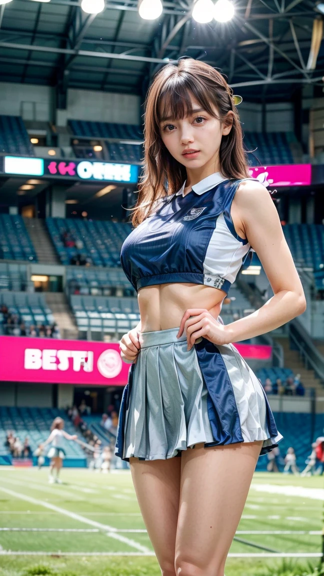 ((metallic Cheerleaders:1.5)), (Mainly black, white and purple. Tight one-shoulder tops:1.5), (Black, purple tight skirt:1.5), (latex:1.4), sun, (toyota stadium:1.4), (from below:1.5), (acrobatic pose:1.5), (cowboy shot:1.3), (lying, arms up:1.5), clear sky, 1girl, (huge breasts:1.6), (light brown short hair:1.6), (pixie cut:1.9), (bangs:1.3), (abs:0.5), (narrow waist:1.8), (skinny:1.5), (collabones:1), (wide forehead:1.3), (fair skin:1.5), (transparent skin:1.5), (towering:1.2), (smile:1.5), (embarrasshed:1.4), (shy:1.5), (open mouth:1.5), (18 years old:1.5), (8k, RAW photo:1.2),detailed face and eyes,best quality,highly detailed ,intricate detail ,masterpiece ,cute girl ,intricate detail, hyperdetail,sharp focus
