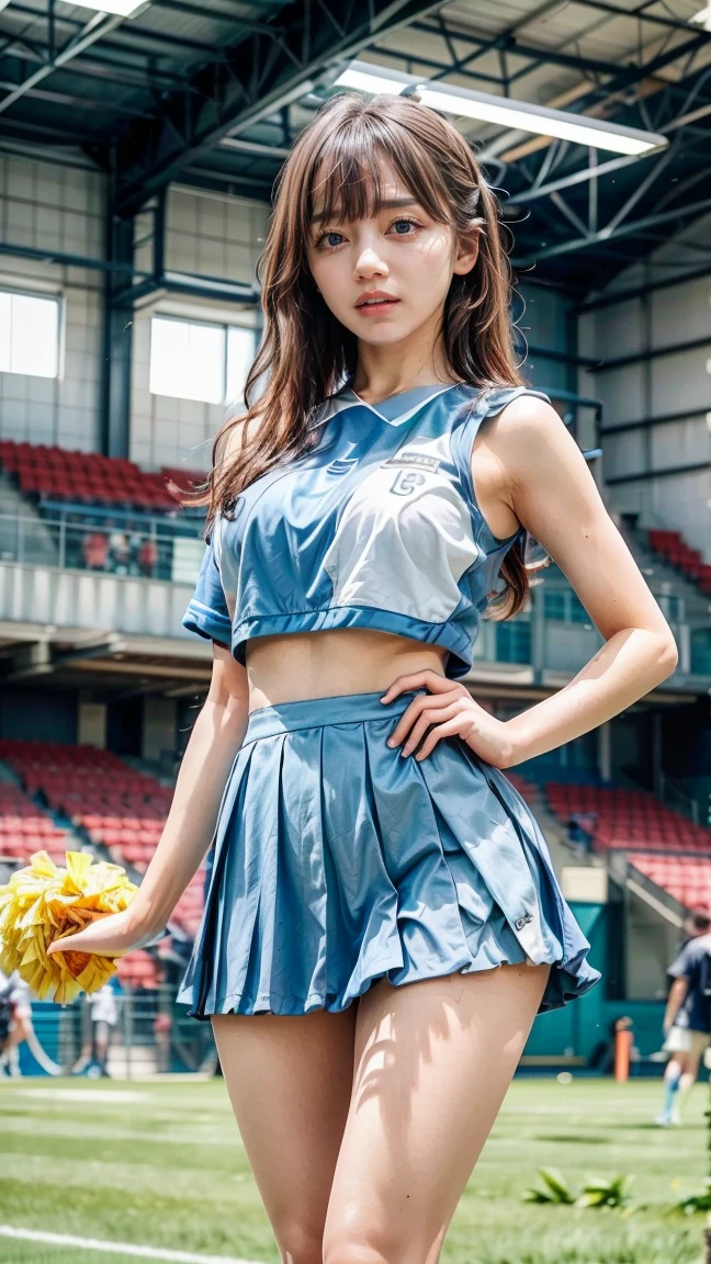 ((master parts, highest quality,Shinkai is absurd.( 1 woman,I, long hair, 21 years old,expressive blue eyes,huge breasts, huge breasts), Cheer Uniform Sleeveless Gym Top, pleated skirt,White laced panties with bandages, socks))) , College Football Field,Other blurry buildings at the bottom of the image, Day,College Football Field,College Football Field,College Football Field