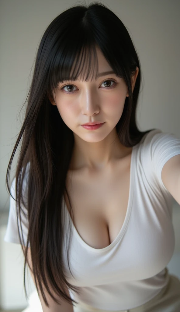 masterpiece, hinata\(boruto\), 1girl, mature women, (((The nurse's uniform is red and white))), (((Selfie))), (((Close-up photo))), (((cleavage))), (((Closed Clothing))), (((big breasts))), (((big round breasts))), (((round breasts))), (((extremely heavy breasts))), (((Colossal tits))), (((heavy breasts))), (((plump breasts))), (((super round breasts))), (((very round breasts))), (((perfect breasts))), (shy face), detailed lips, beautiful face, blush, (pink lips), (((long hair))), white eyes, gentle gaze, smile, super realistic, detailed, realistic face and body, realistic hair, realistic eyes, realistic nose, realistic lips, seductive pose, (((straight bangs))), (dark blue hair), 28 year old girl
