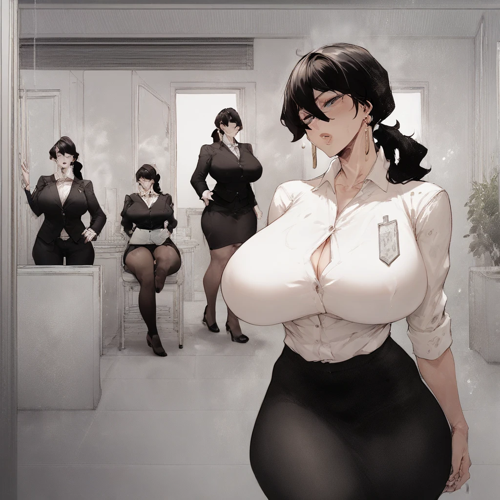 ((One woman)),Mature Woman:1.2,30-year-old female,((Huge breasts:1.5,Sagging breasts:1.3)),A woman sitting on the toilet with her legs spread apart,blindfold、,Sit on the toilet with your legs spread,Bow-legged,((Red and black pants and bra))、((wearing bra))、Beautifully decorated underwear、Precision decoration,Black Hair,Shortcuts,Bobcut、Wearing clothes、(Black suit and white shirt、Underneath is a black skirt)、Suit Style、Black high heels、Photographed from the front、tongue out、panty shot、naughty face、skirt suit、secretary、panties under pantyhose