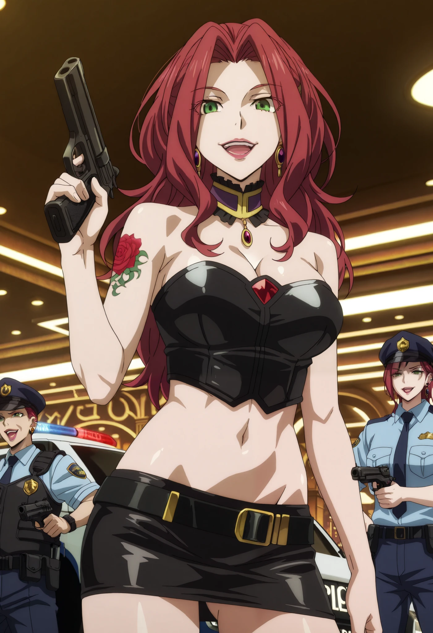 Malty Melromarc (The Rising of the Shiel) beautiful body,athletic body, beautiful breasts, ,visible private parts , ultra detailed image, anime image ,girl, anime malty, medium Breasts, excitement, red hair, green eyes , ear piercing, long hair, , lipstick,Hot girl, baddie, sensual, attractive ,jewelry, earrings, large breasts, long hair, , bar
background, inside bar,indoors, cityscape, casino, nightclub, city lights, masterpiece, best quality, highly detailed, a girl in police uniforms , police outfit, military outfit, open
mouth, cleavage, evil smile, smile, (nsfw) not safe for work, official artwork, , beautiful girl, micro
pencil
skirt, pencil skirt, micro skirt, exposedbelly, exposed navel, exposed midriff, exposed lower belly, holdi
ng a gun, holding pistol,next to police car,police station, police car,,,dragon tattoo, narrowed eyes, tattoo midriff,