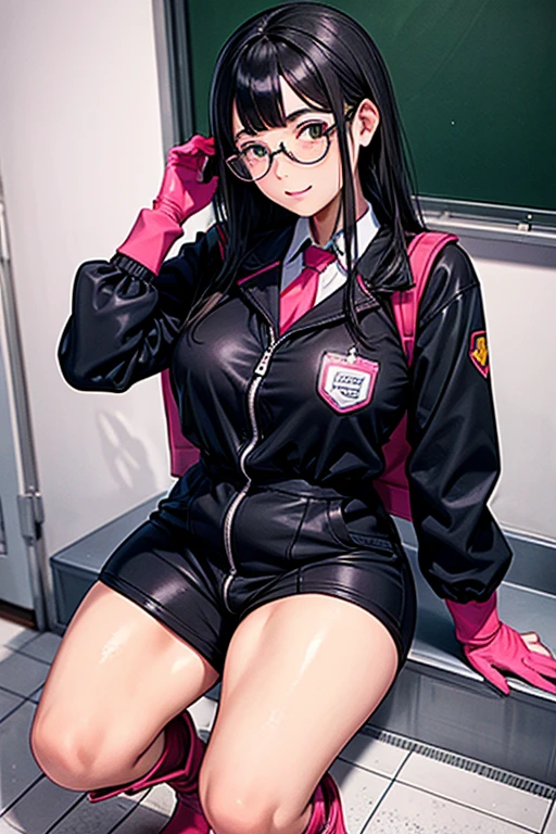 masterpiece, best quality, highres, 1girl, solo, magician, superhero, leotard, bare legs, matching shoes, gloves, looking at viewer, empty classroom, soft lighting, leotard, black hair, purple eyes, medium breasts, long hair, sitting in a chair, full body, light particles, magic, hair down, cool, holding trumpet
