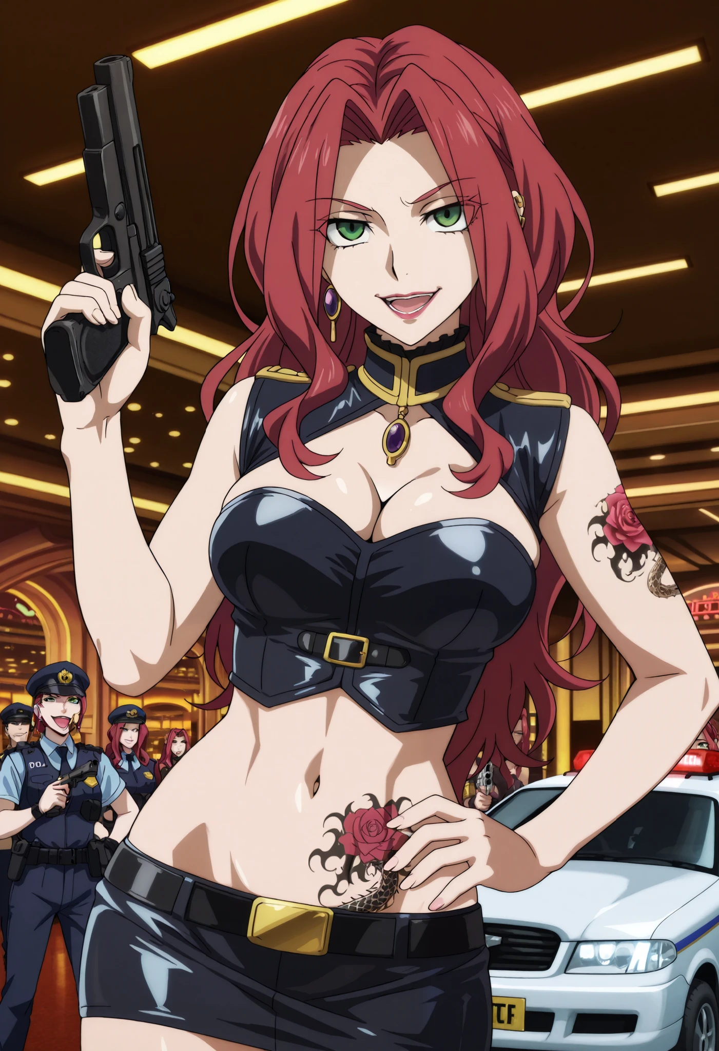 Malty Melromarc (The Rising of the Shiel) beautiful body,athletic body, beautiful breasts, ,visible private parts , ultra detailed image, anime image ,girl, anime malty, medium Breasts, excitement, red hair, green eyes , ear piercing, long hair, , lipstick,Hot girl, baddie, sensual, attractive ,jewelry, earrings, large breasts, long hair, , bar
background, inside bar,indoors, cityscape, casino, nightclub, city lights, masterpiece, best quality, highly detailed, a girl in police uniforms , police outfit, military outfit, open
mouth, cleavage, evil smile, smile, (nsfw) not safe for work, official artwork, , beautiful girl, micro
pencil
skirt, pencil skirt, micro skirt, exposedbelly, exposed navel, exposed midriff, exposed lower belly, holdi
ng a gun, holding pistol,next to police car,police station, police car,,,dragon tattoo, narrowed eyes, tattoo midriff,