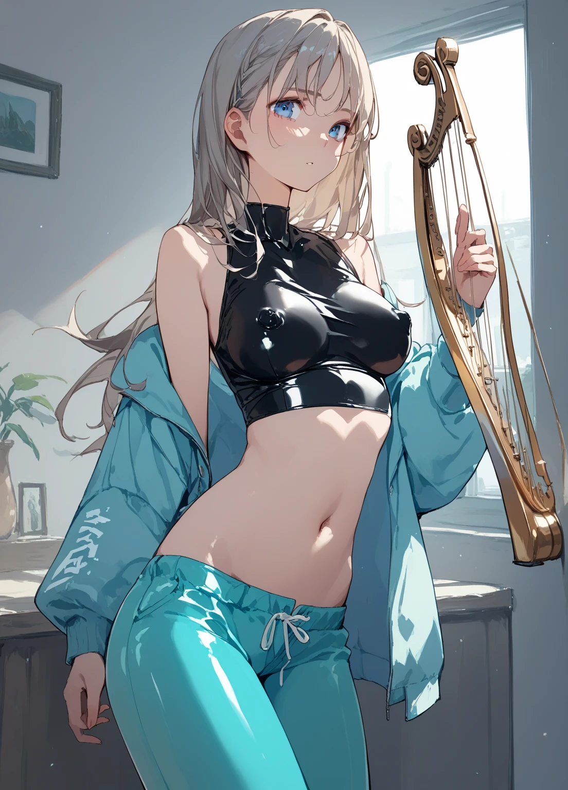 1 girl, small breasts, small hips, green eyes, white hair, crop top, denim shorts, bedroom, striped thighhighs, lolita, pervert, , glasses, elf