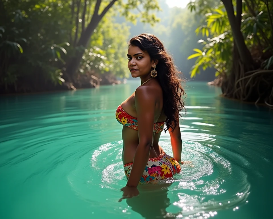 a beautiful girl playing water with an elepant in the lotus pond in the forest.