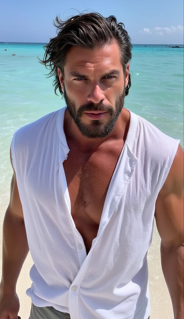 Masterpiece, denoise, void noise, one man, best quality, 8k resolution, male focus, focus only, amazing composition, volumetric lighting, super quality, elegant, Very detailed, front view, -----------, 35 years old, mature face, muscular, (((Caucasian white man, white skin:1.5, pale skin))), handsome, (detailed light-blue eyes), ((dark black hair, messy medium hairstyle)), big ears, (extream hairy body:1.7), (medium long beard), (((((Jim Sturgess mixed with Russell Tovey))))), (((big pink nipples:1.4))), (((perky nipples:1.4))), ------------, ((((detailed shorts)))), ((((light-colored hawaiian shirt open)))), ((((grabbing edge like a selfie)))), (((looking at viewer:1.3))), ((((in front of viewer)))), (((sweating))), (((at the beach))), (((smile)))
