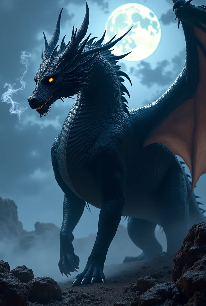 Something that says Dark Rider with a dragon in the background