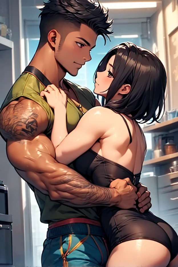 high quality, detailed, Realistic, juvenile,Transsexual, (Large Breasts), (Abdominal muscles:1.5), (detailed brown eyes), (Dark Skin), (naked), Dark red short hair, (bulge:1.4), Dungeons,