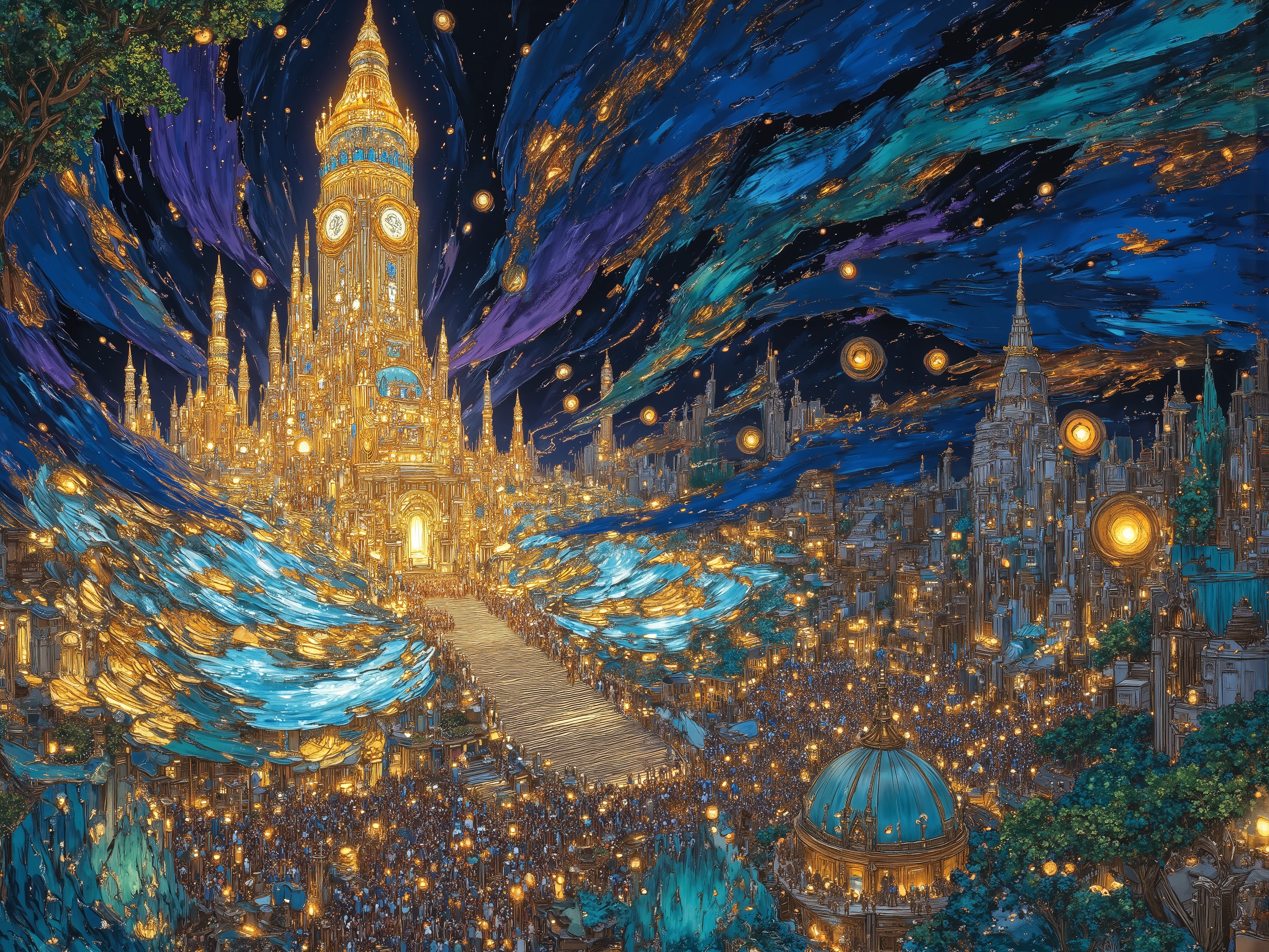 (aerial photography,Tower of Babel),ancient city,landscape,many people and light,at night,colorfull,vivid color,beautiful detailed,High Definition,high detail,high detail,oil painting,ancientstyle
