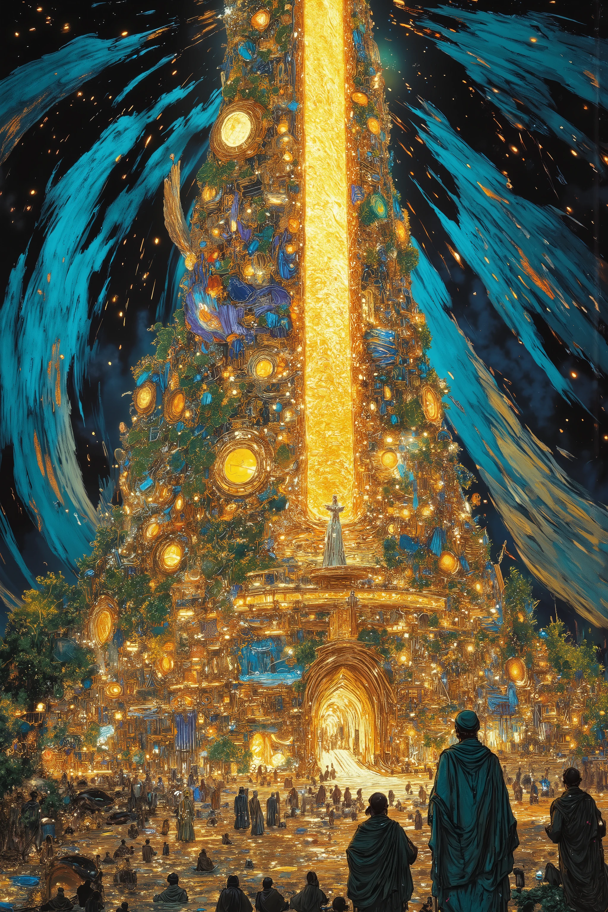 (aerial photography,Tower of Babel),ancient city,landscape,many people and light,at night,colorfull,vivid color,beautiful detailed,High Definition,high detail,high detail,oil painting,ancientstyle