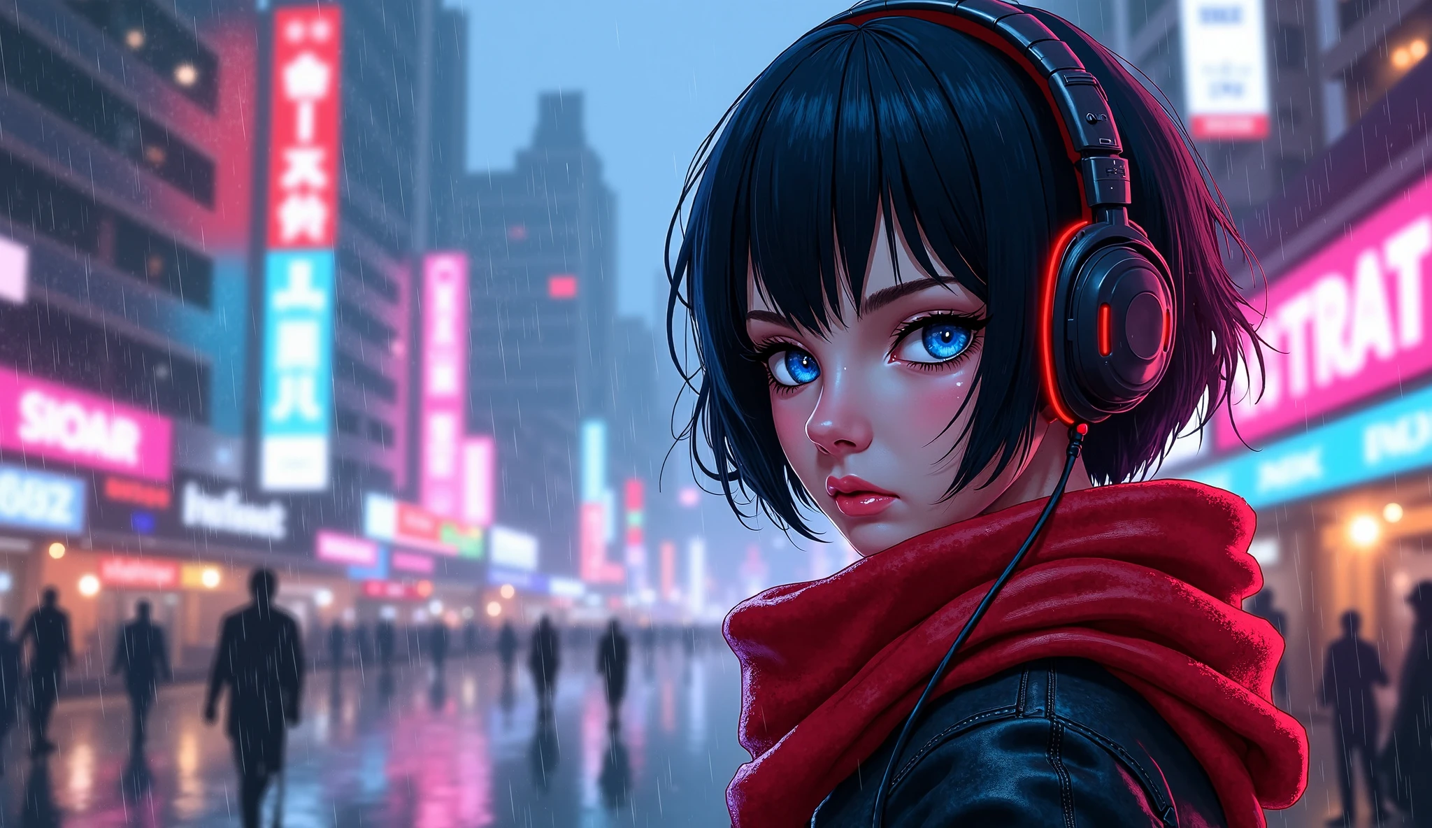 Anime girl with headphones in a city at night - SeaArt AI