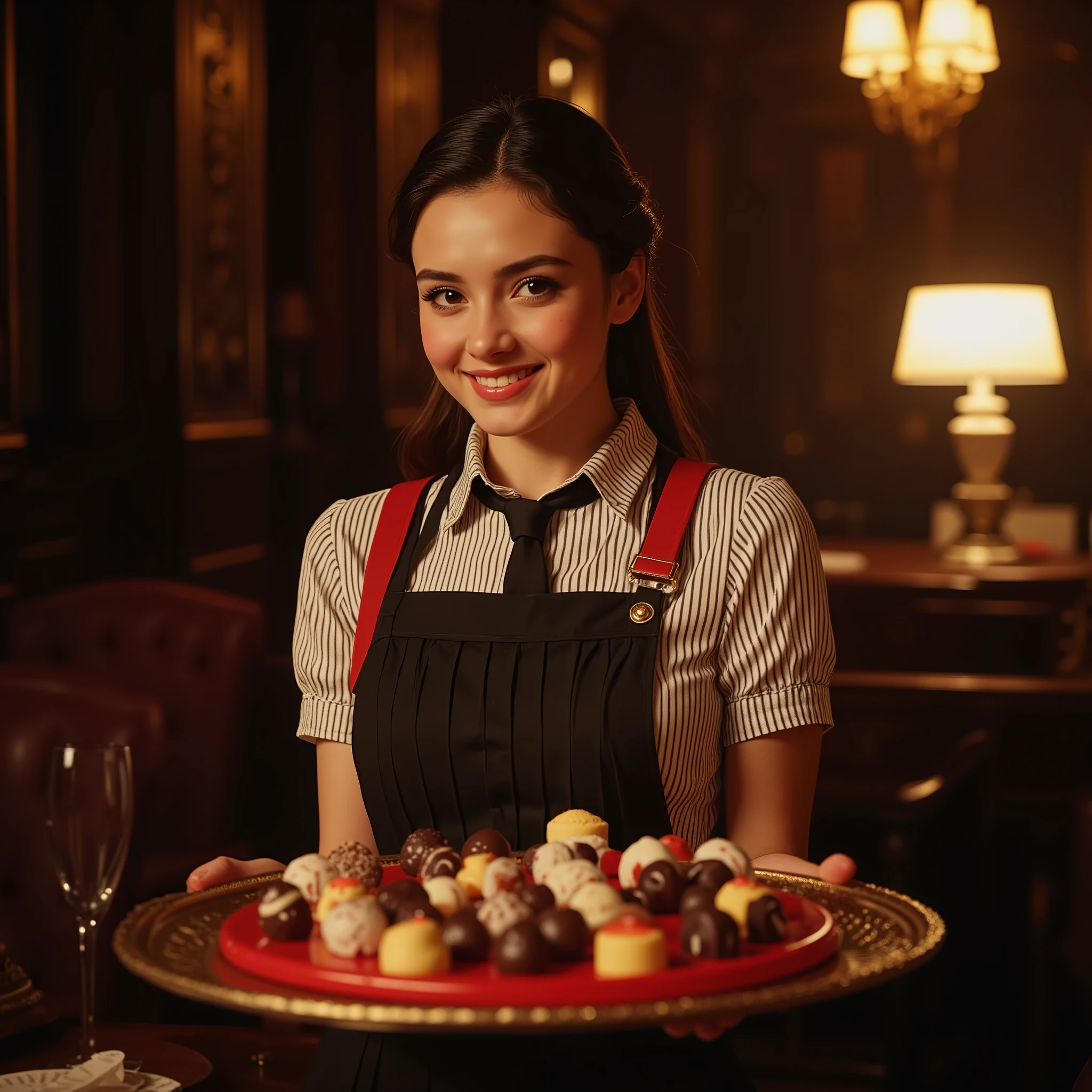 Create a professional photographic shot of a beautiful young woman selling chocolates in an elegant indoor setting. She has long, dark hair styled neatly, with a warm smile and expressive eyes. She wears a classic uniform consisting of a striped white blouse with a black collar and tie, paired with a dark pleated skirt. A red-strap tray filled with assorted chocolates and candies rests in front of her, secured over her shoulders. The ambient lighting highlights her face and the glossy textures of the sweets, creating a rich visual contrast against the dimly lit background. The setting resembles a vintage theater or cinema lounge, with dark curtains and soft, golden lighting casting a nostalgic atmosphere. The composition focuses on her friendly expression and the details of her attire, using a shallow depth of field to softly blur the background. Subsurface light scattering enhances the realism of her skin, while subtle backlighting adds a cinematic glow to the scene.