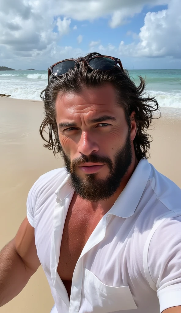 aaron taylor johnson, topless, sexy, wet, lying on the beach, in the cold sand, detailed facial and body lines, beard, sensual face, hands clasped in the air, nude, gay model, gay sex, gay porn,full body, muscle, bulk,hunk