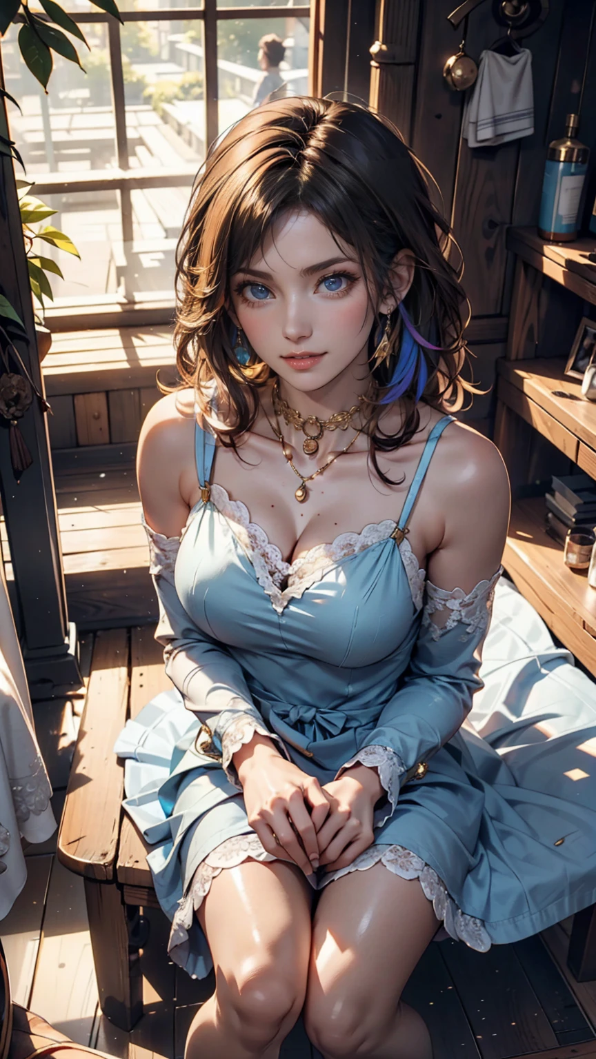(masterpiece, Highest quality:1.2), Cowboy Shot, alone, One girl, Marianne von Edmund, smile, View your viewers, Blue clothes, Capelet、erotic、Sexy proportions、Long eyelashes、Plump and soft looking lips、Sexy summer dress、Lace choker、Multi braid((multiple braids))、