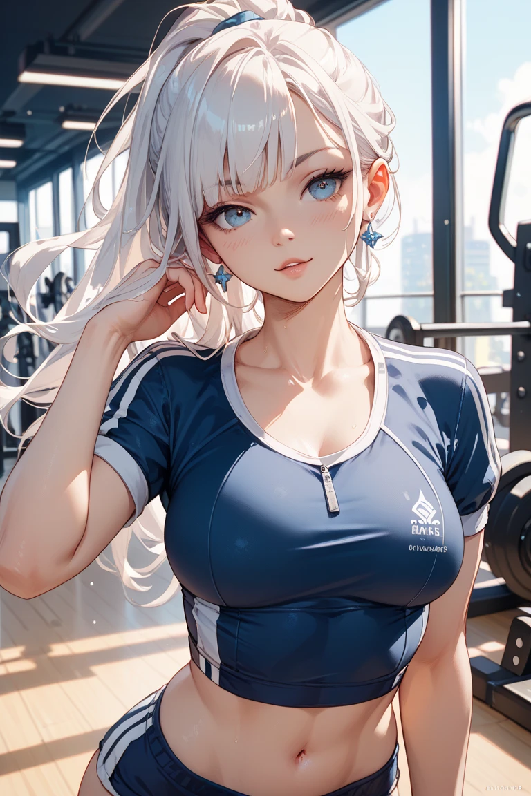 最high quality、best image quality、masterpiece、teenage girl((20-year-old、 By becoming、vest bust、medium bust,wide open breast tea、black eye, blonde hair、long hair、thin,highest valley、blue sports bra(1:2)、Blue sports pants、Pose that emphasizes the chest、sweating、scattering of sweat、Flushed body)),high quality、beautiful art、background((virtual studio、Live feeling))debris flies、Depth of written boundary、movie、visual art、perfect art、8k,genuine、