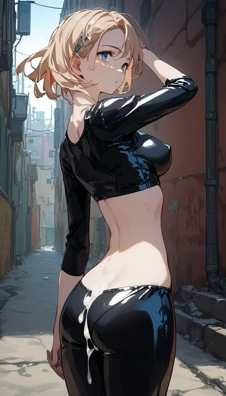 masterpiece, best quality,anime style, 1 girl,(((slender body))), (((small breast))),(((Jacket, Open your clothes, Open jacket, Blue jacket, ground vehicle, Sports Bra, bicycle,buruma))),(((((brown penis tentacles bound the girl))))), ((((restrained, arms behind back)))),((((cum)))), (beautiful face), (((short hair))), (((straight hair))), ((((blonde hair)))),detailed beautiful skin, (perfect hands, perfect anatomy)
