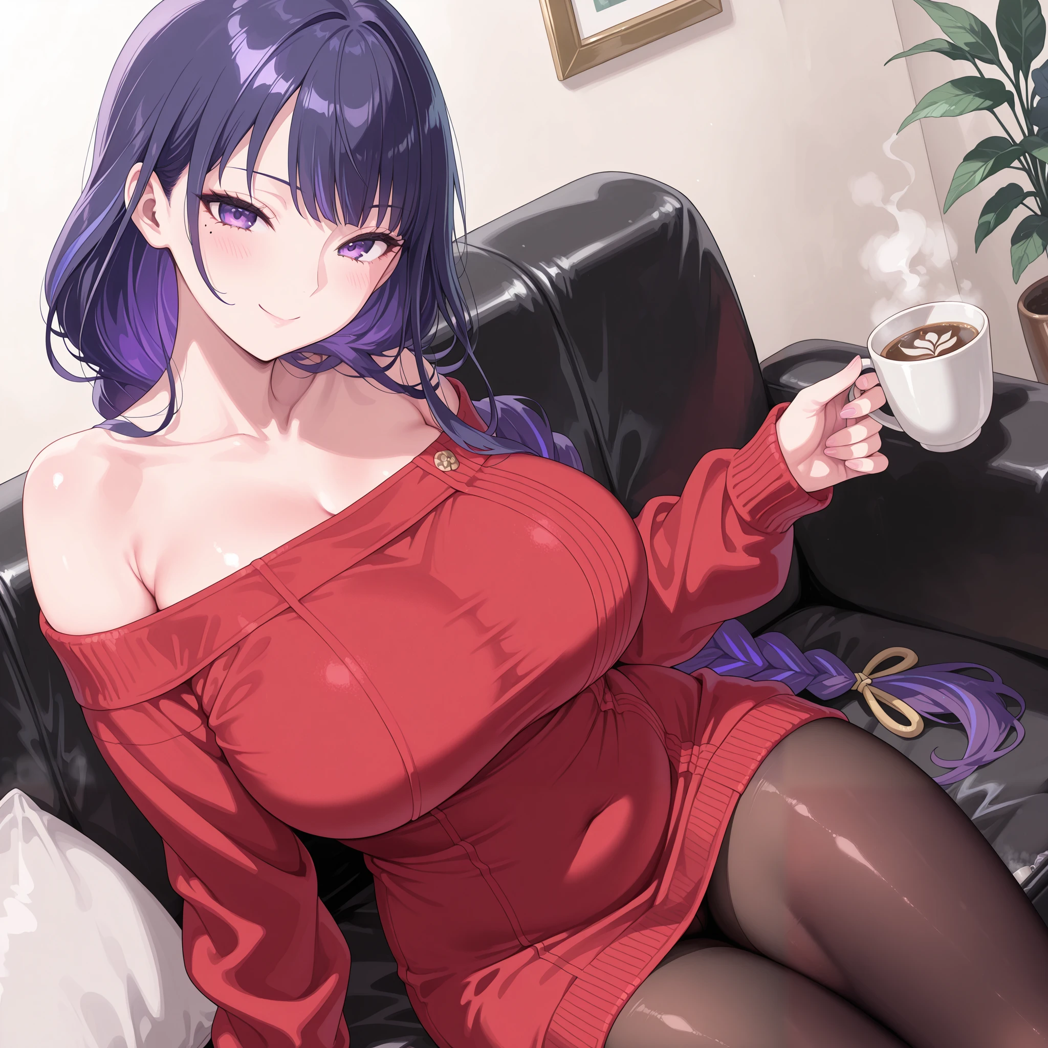 masterpiece, high quality, top quality, very aesthetic, absurd, raiden shogun, braid, braided ponytail, long hair, one mole, one mole under eye, purple eyes, purple hair, Off shoulder sweater , Off-shoulder drees sweater , medium long drees sweater , Off shoulder sweater , red sweater, shiny black pantyhose, sitting on the sofa holding a cup of coffee, beautiful purple eyes, long purple hair, very big breasts, serious face, sexy pose, solo woman, anatomical details, drawstring, beautiful purple eyes, purple hair, smile, sexy, indoor, best quality, good eye, solo woman , livingroom , look a viewer, plump thighs, perfect background, Oppai / Large breasts slim body, seductive pose, , only one woman, perfect big thighs, beautifull livingroom, side,4k resolution, ( yor briar clothes), side