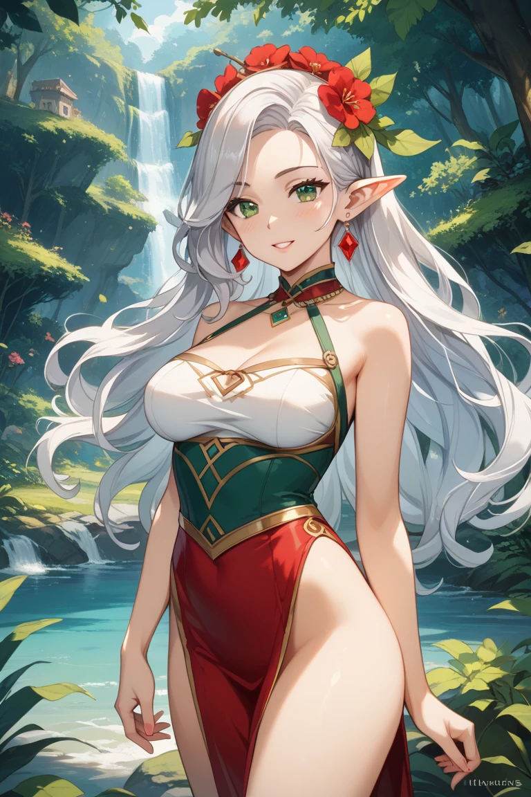 (((I want an elf girl with dark skin, white curly hair, detailed green eyes, a majestic body with full breasts, wearing a lightly low-cut white dress with peasant features and on her face a sweet smile)))