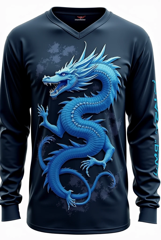 A person wearing a white T-shirt with a custom design of a blue dragon