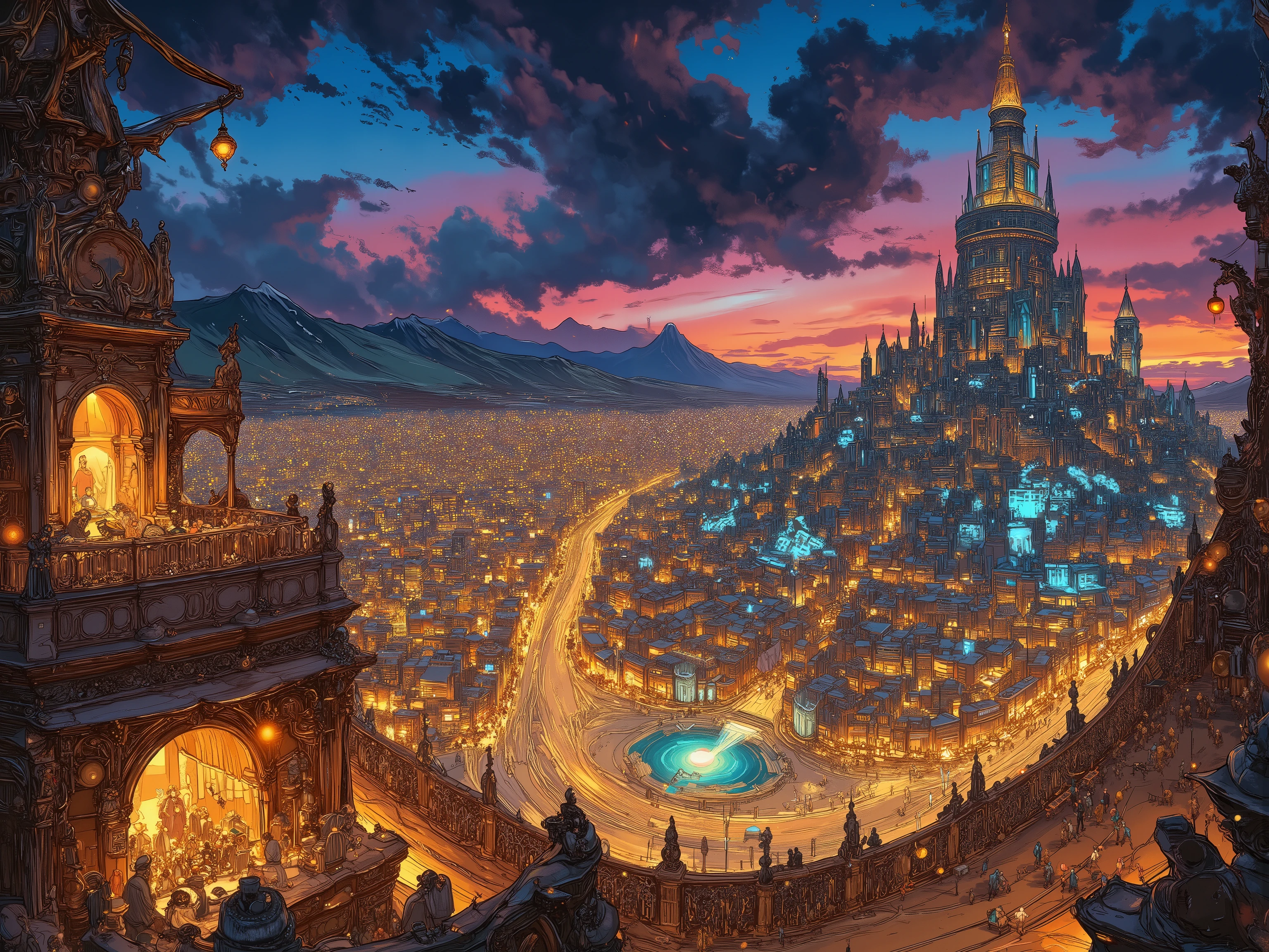 aerial photography,Tower of Babel,ancient city,landscape,many people and light,at night,colorfull,vivid color,beautiful detailed,High Definition,high detail,high detail,oil painting,