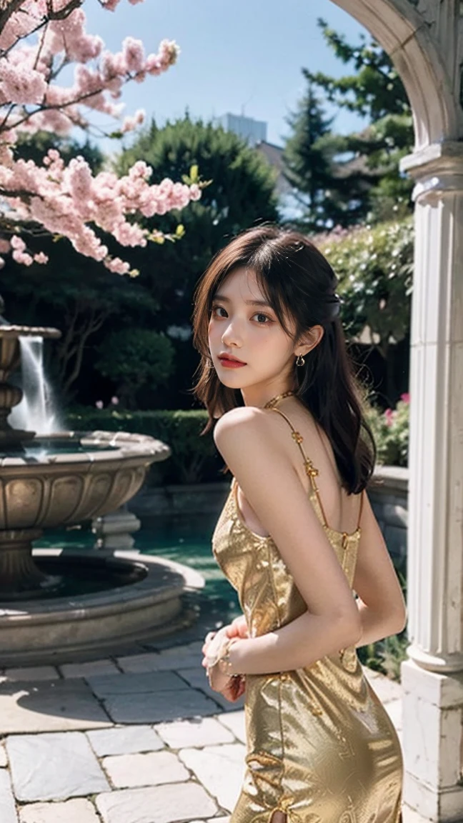 1girl, blurry, blurry_background, brown_eyes, brown_hair, depth_of_field, earrings, flower, full_moon, hair_flower, hair_ornament, lips, looking_at_viewer, moon, moonlight, night, night_sky, outdoors, wet suit,wave, red_moon, sky, 独奏