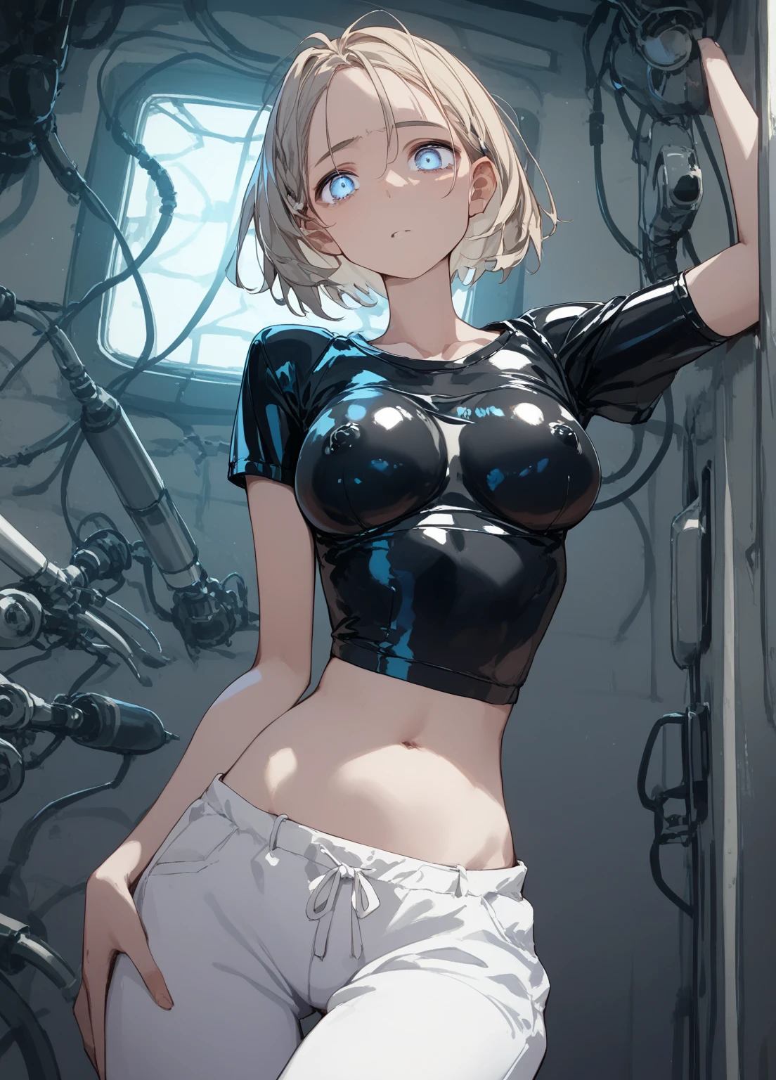 ((masterpiece, high quality, best quality:1.4)), MsFortune, 1girl, solo, gloves, (dark-skinned female, dark skin:1.3), fingerless gloves, short hair, belt, bob cut, cat ears, scar, pouch, white hair, cat tail, tail, ((sexy, beauty, blue eyes, groin, fang out, fang, contrapposto, claws:1.3)), black panties, blue crop top, underboob, belt pouch, collar, neck bell, medium breasts, thighhighs, black gloves, blunt bangs, bare shoulders, (outdoor background, blurry background, depth of field:0.5), cinematic light, light rays, hand on hip, in heat, expressive, cameltoe, sharp line, motion lines, ((sweat, fisheye:1.3)), <lora:MsFortune-10:1.0>