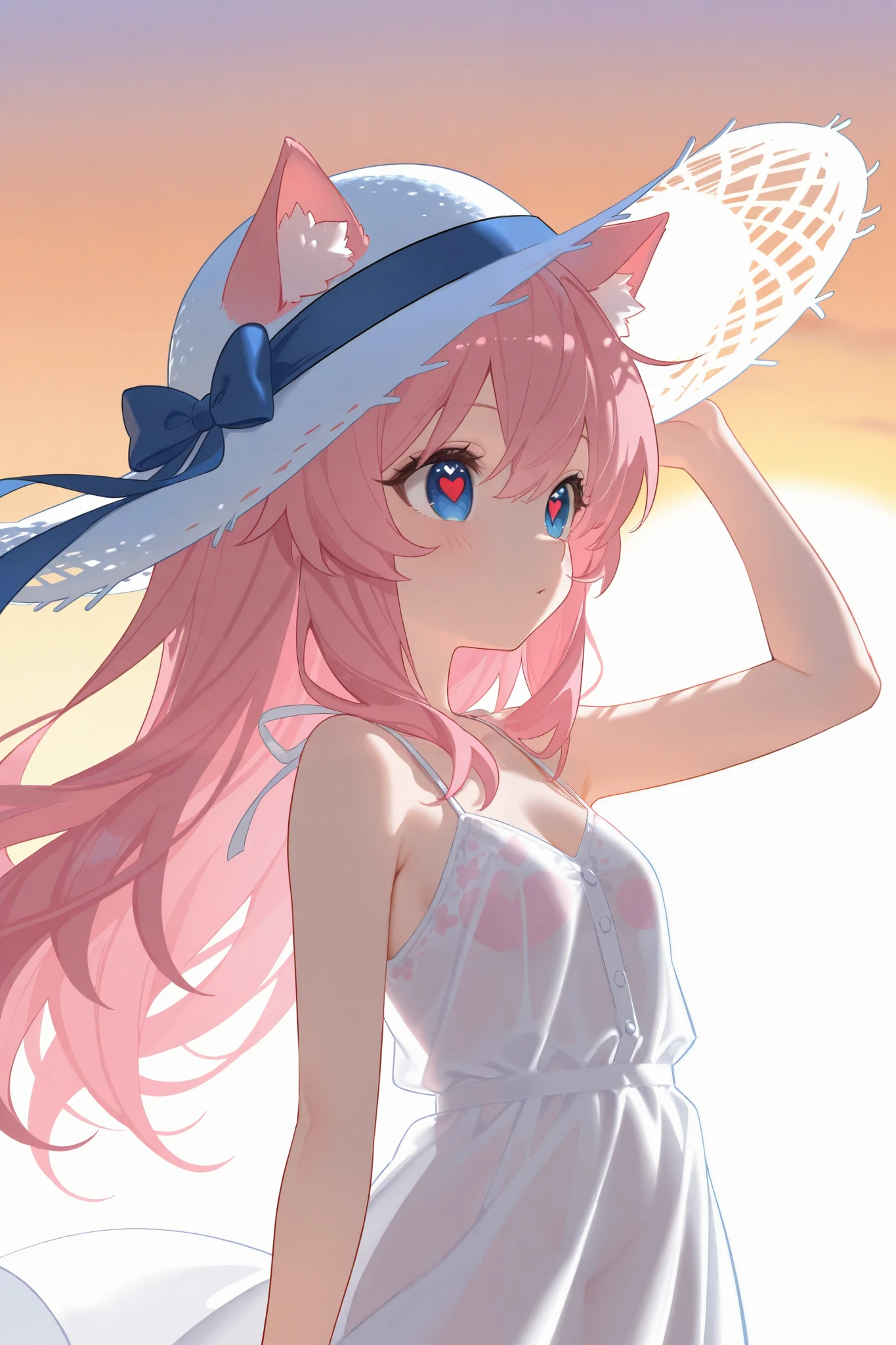 (1 demon girl), (lighting direct to face), (detailed face), masterpieces, 8k, ultra HD, white summer dress, walking on beach, straw hat, demon girl, demon horns, multi colored hair, (blushing: 1.5), open mouth, licking finger, heart eyes, front lighting, daytime